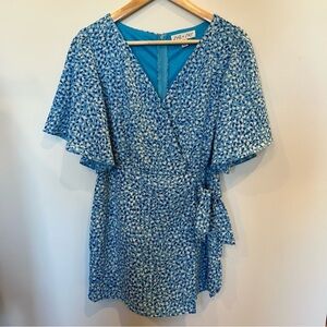 She + Sky Blue and White Wrap Shorts Romper with Flutter Sleeves